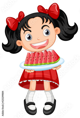 Little cute girl holding watermelon sliced plate