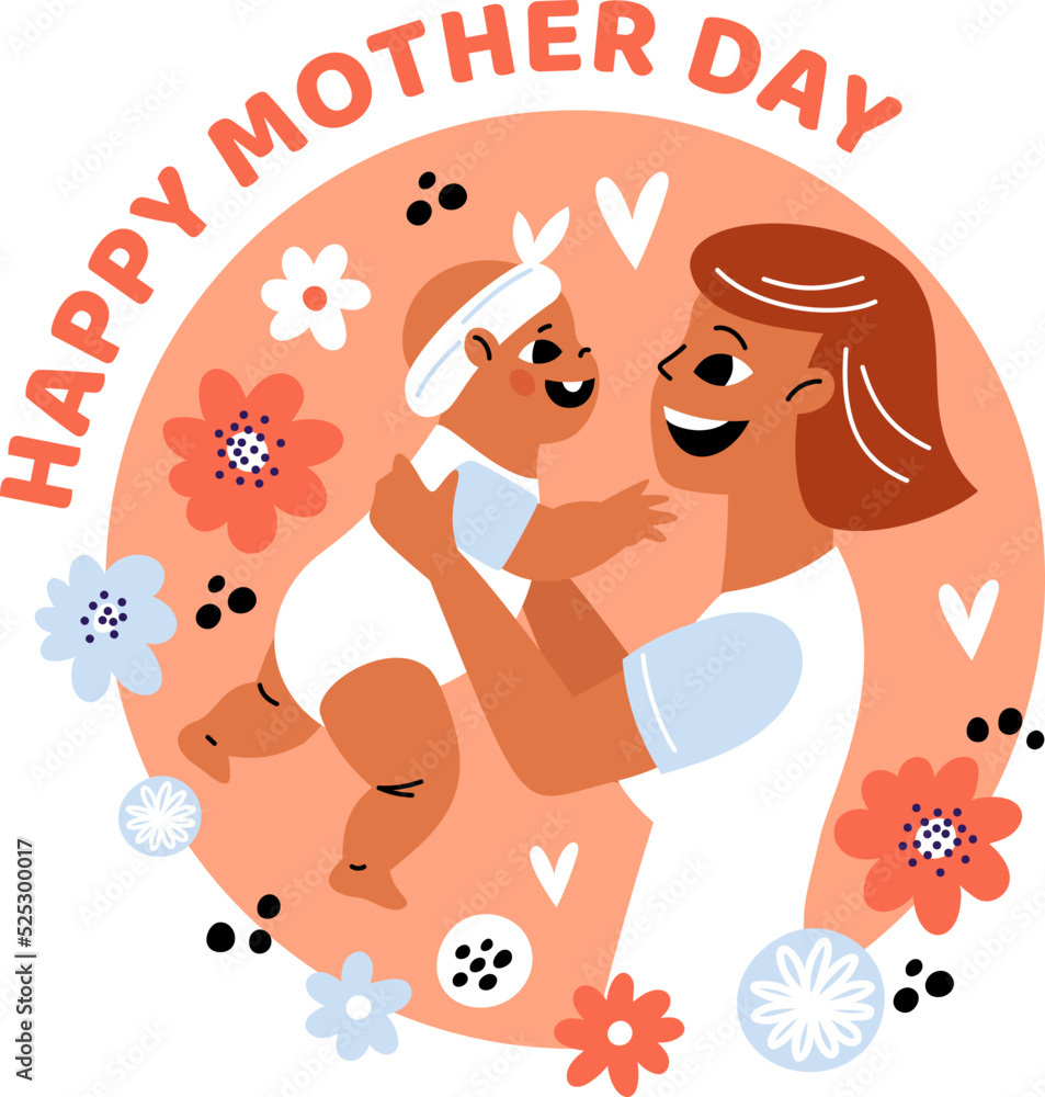 Happy Mother Day. Mom with newborn baby on arms. Smiling parent holds infant. Joy of motherhood. Family portrait. Gentle tones and beautiful flowers. Holiday card. Garish vector concept
