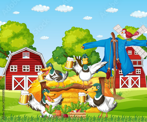 Outdoor scene with cartoon ducks