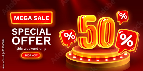 Mega sale special offer, Neon 50 off sale banner. Sign board promotion. Vector