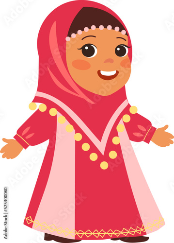 Happy muslim girl in traditional red hijab scarf