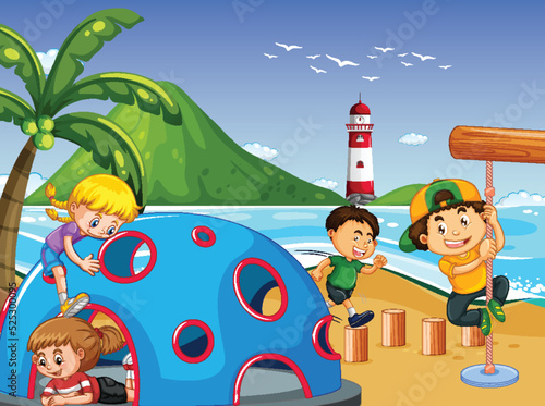 Beach playground with happy children