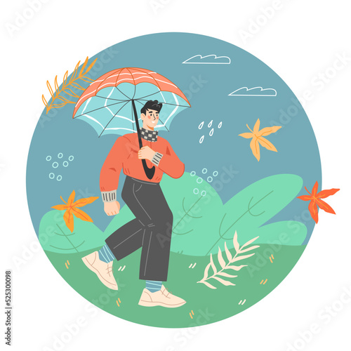 Autumn decorative banner or label design with man under umbrella in the rain, flat vector illustration isolated on white background. Circle badge or label for autumn season sales.