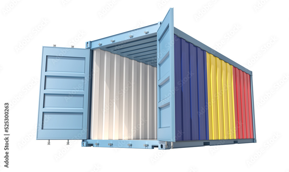 Cargo Container with open doors and Romania national flag design. 3D Rendering Cargo Container with open doors and Romania national flag design. 3D Rendering