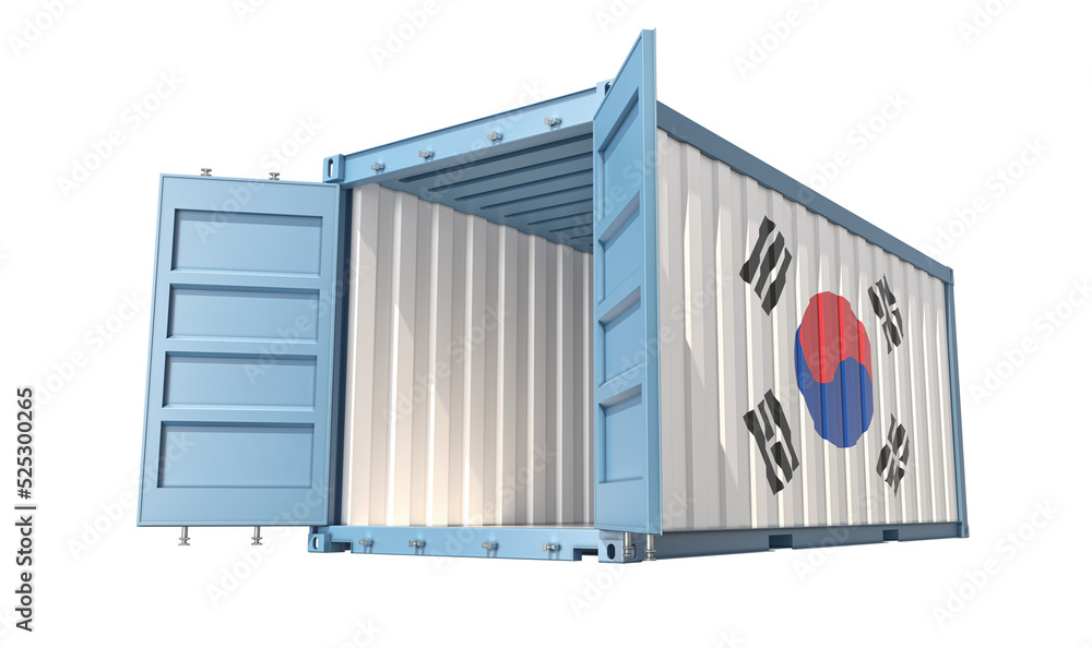 Cargo Container with open doors and South Korea national flag design. 3D Rendering Cargo Container with open doors and South Korea national flag design. 3D Rendering