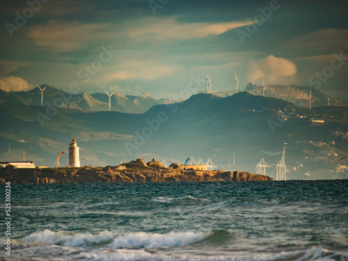 Sea coast and Tarifa town on skyline, Spain