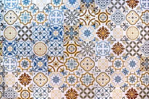 Texture of hydraulic tiles. Floral and arabesque geometric patterns. Pattern concept.