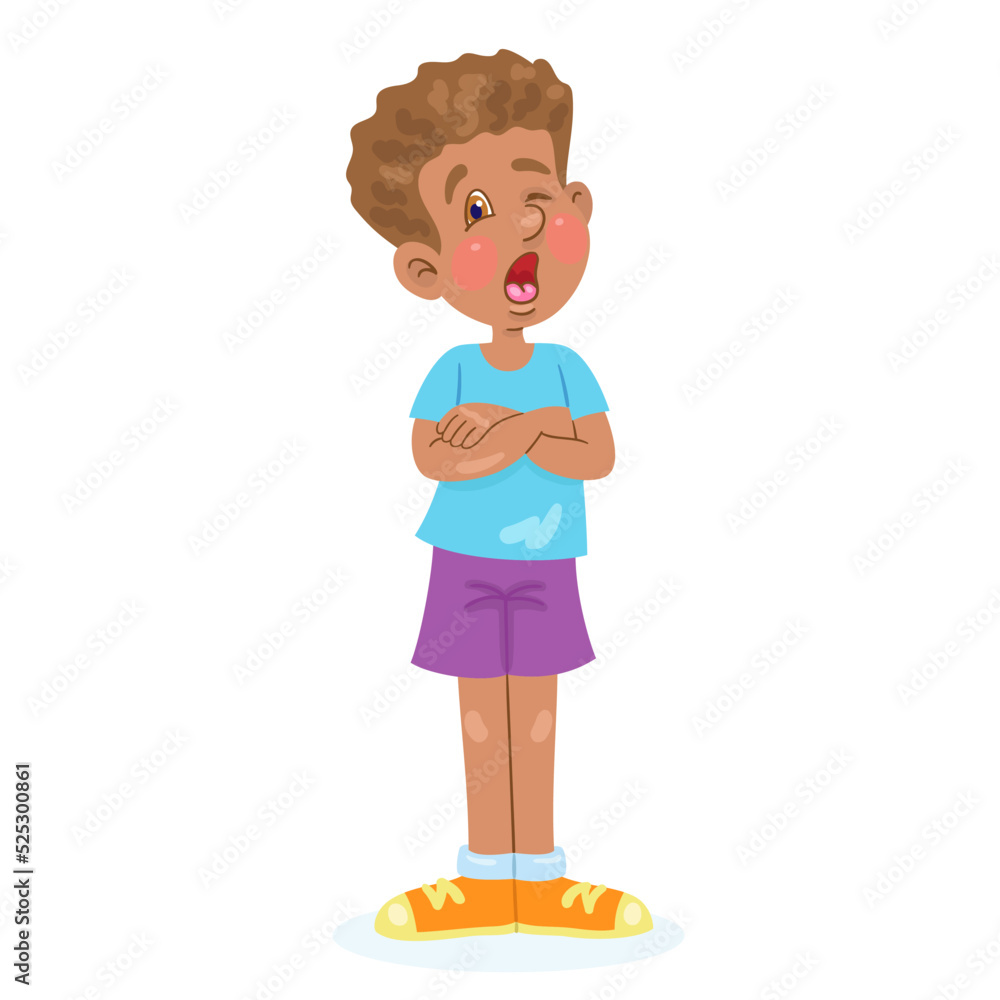 Funny African American boy sings. In cartoon style. Isolated on white background. Vector illustration. Funny African American boy sings. In cartoon style. Isolated on white background. Vector illustration.