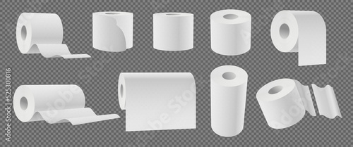 Realistic soft paper rolls. 3D clean toilet tissue mockup. Kitchen disposable towel. Wipe napkin detachable sheets. Domestic hygiene. Restroom household cylinder. Decent vector set