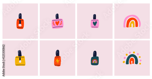 Set of trendy fashion colorful cute vector hand-drawn illustrations with nail polish. Perfect for banners, social media, flyers, posters, greeting cards. Isolated elements