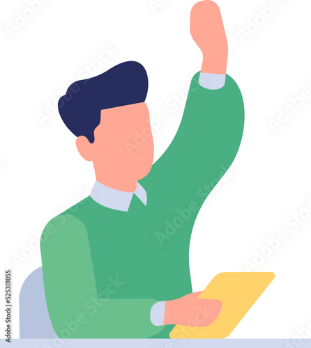 Sitting man raising hand. Young student on lecture