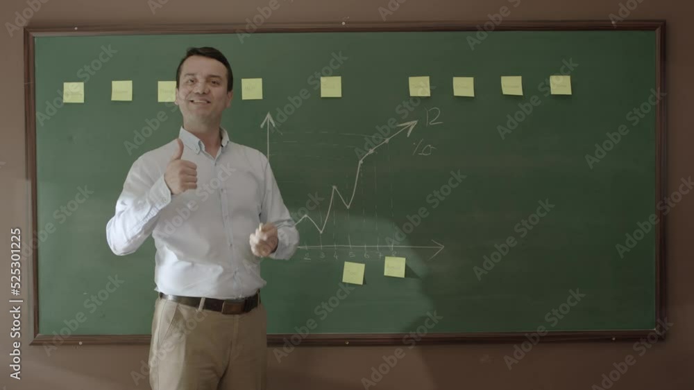 A businessman explains to employees how sales should be in front of a ...
