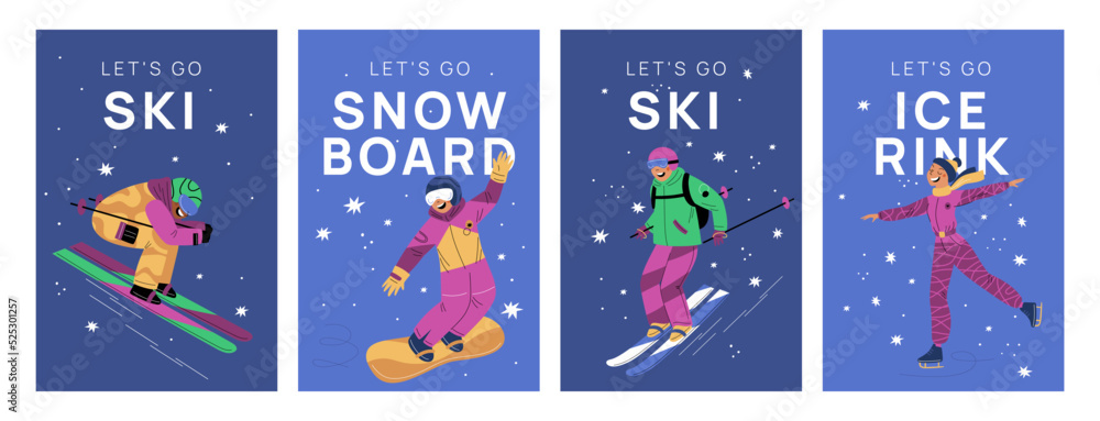 Winter sport posters. People snowboarding. Downhill skiing and ice skating. Athletes characters. Outdoor activities. Cold season leisure. Skiers and snowboarders. Garish vector cards set