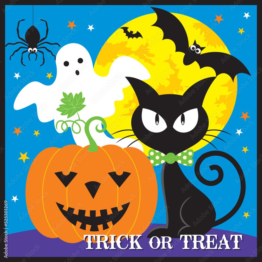 halloween background with pumpkin, bat, black cat, ghost and spider