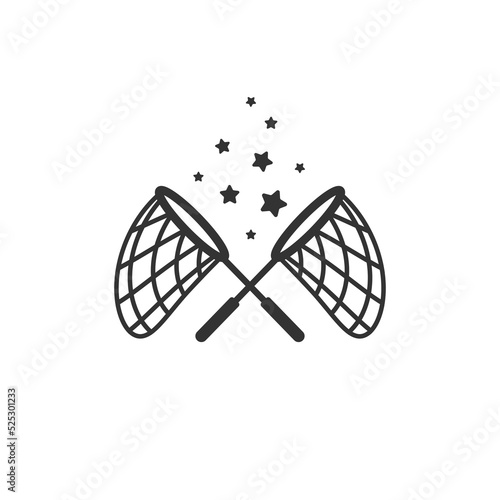 Two crossed butterfly nets with stars. Catch, hunt, chase ideas and inspiration symbol. Achieve goals or dreams concept. Black Vector illustration isolated on white background.