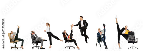 Destroy gender stereotypes. Young office workers in business suits in action isolated on white background. Business  rights  addiction concept.