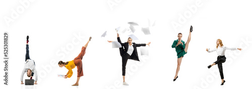 Emotional office workers in casual and business clothes with folders, coffee, tablet isolated on white background. Ballet dancers. Creative collage.