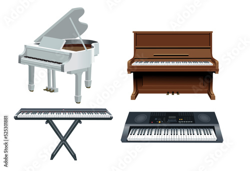 Grand piano, piano, synthesizer isolated on white background. Music keyboard instruments.Vector illustration.