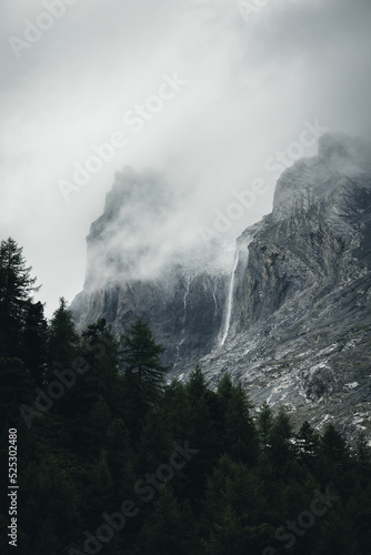 waterfall on Gemmi Pass in mist