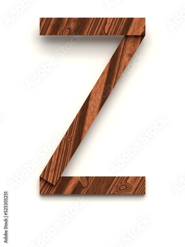 Letter Z made of several separate wooden pieces lying on top of each other with 3D effect and shadows on white background, 3d rendering photo