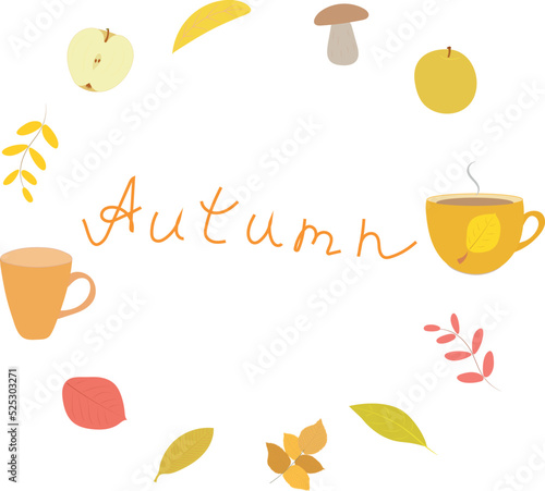 Autumn set  yellow and orange leaves  mushrooms  a cup of hot tea  a cup of coffee  an apple  an inscription. Vector. Flat style.