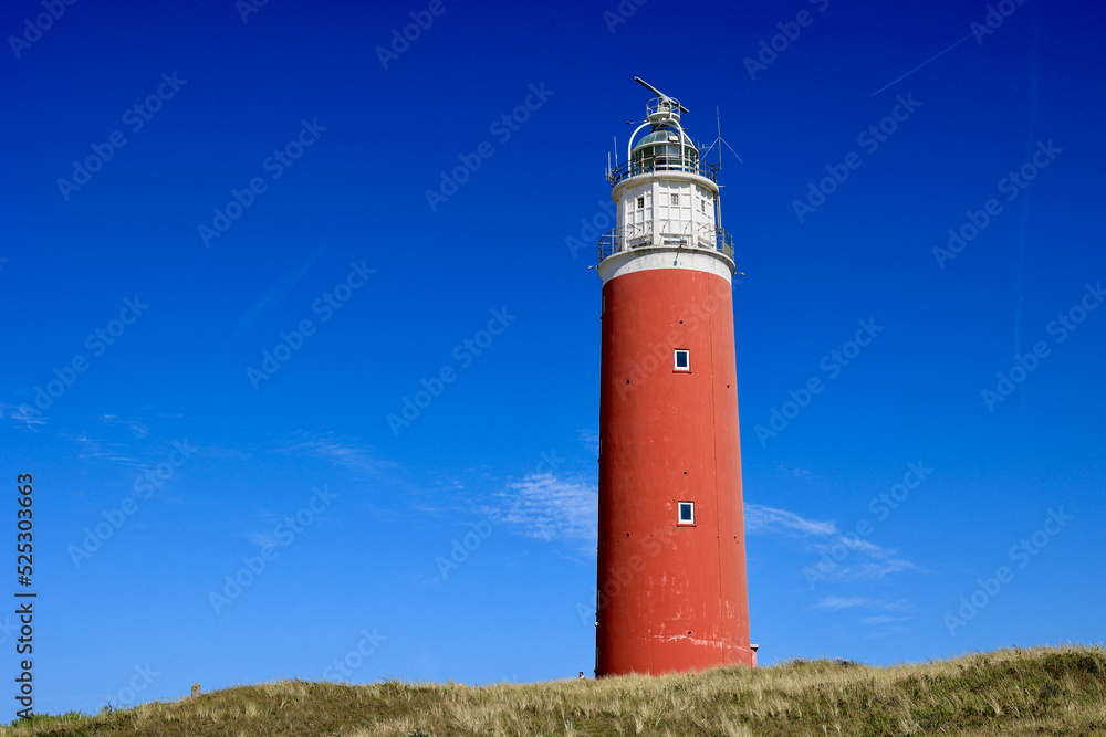The lighthouse of the island of Texel in The Netherlands surrounded by tall sand dunes in beautiful sunlight.