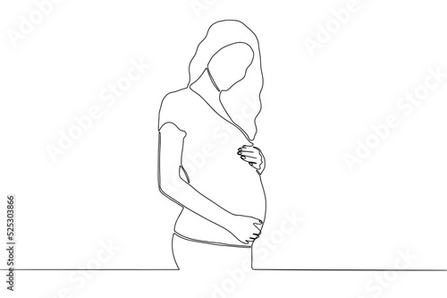Continuous Line Art of Pregnant Woman holding belly. Single Line Drawing of Pregnant Woman. Happy Mother Minimalist Contour Illustration. Vector Isolated
