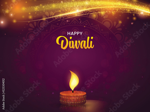 Happy Diwali Lettering With Lit Tealight Candle And Golden Light Wave On Dark Purple Circular Mandala Background.
