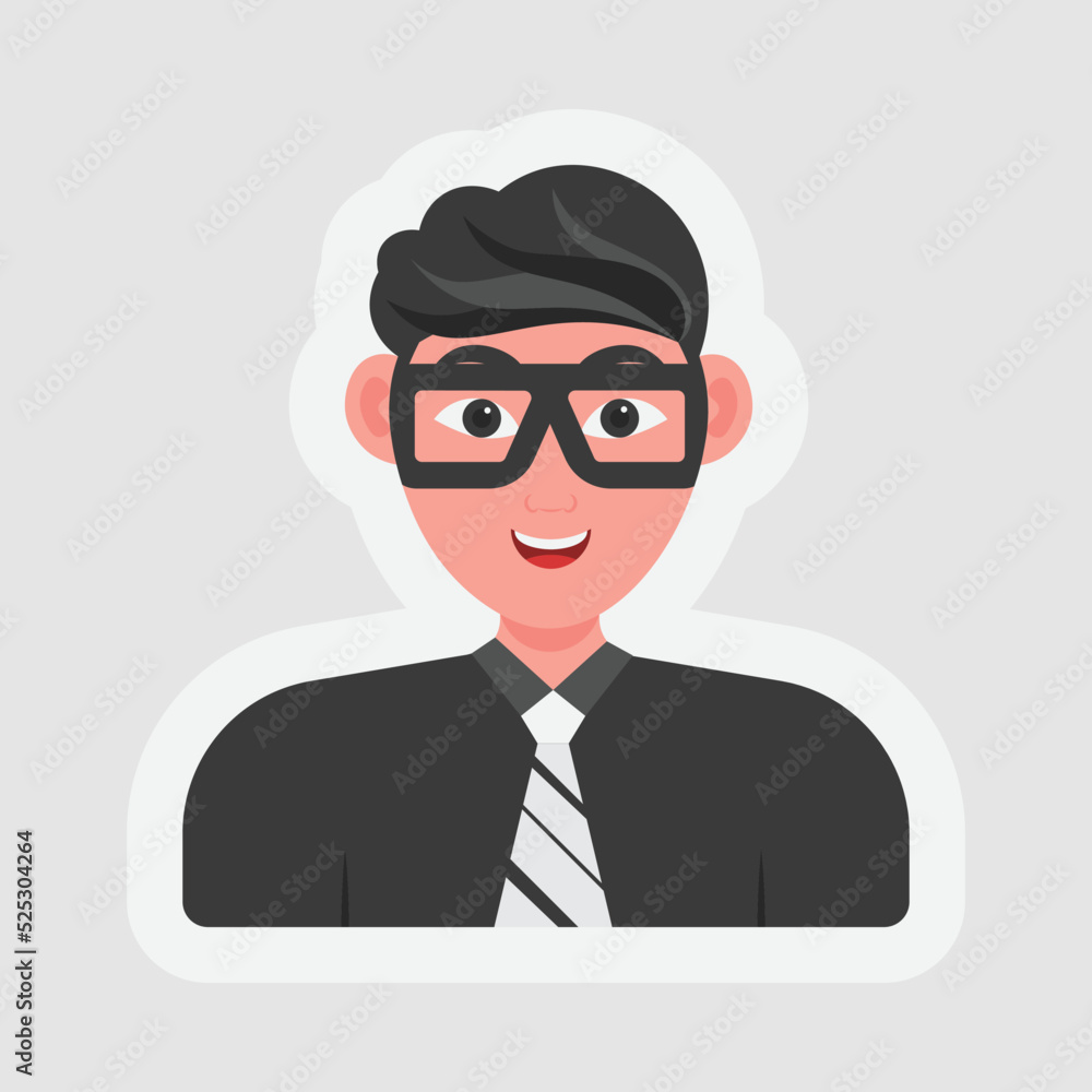 Sticker Style Businessman Or Manager Character On Gray Background.