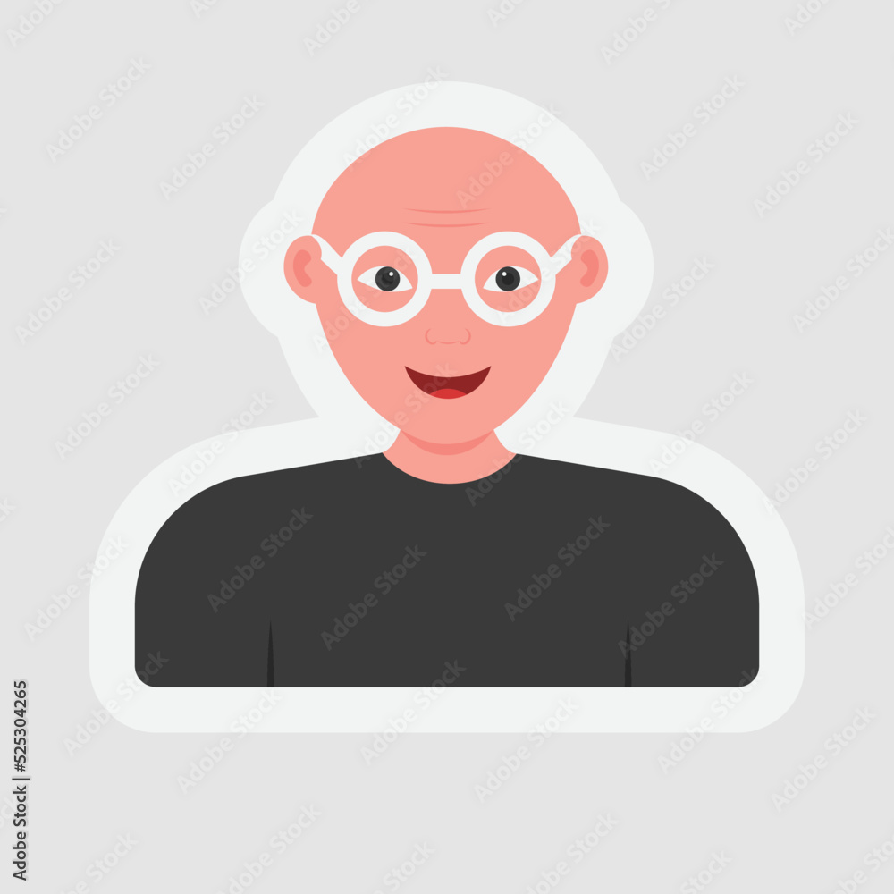 Sticker Style Bald Man Wearing Eyeglasses On Gray Background.