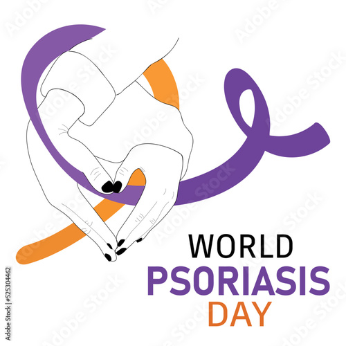 Psoriasis Day poster. Vector cartoon illustration of  hands with a heart shape holding a ribbon.