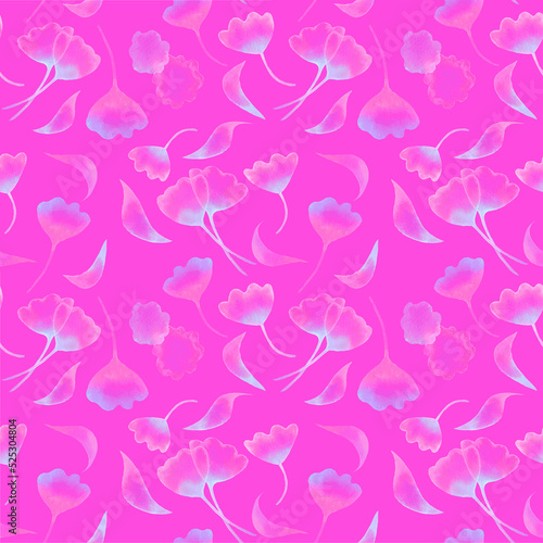 Floral seamless pattern with gimkgo leaves on bright pink background. Hand drawn digital paper with light blue ginkgo leaves. Abstract foliage pattern background.