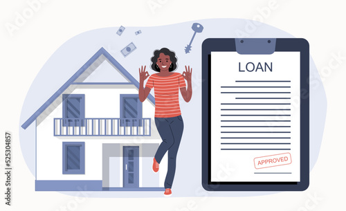 A woman rejoices at the approval of a house loan. Vector illustration.
