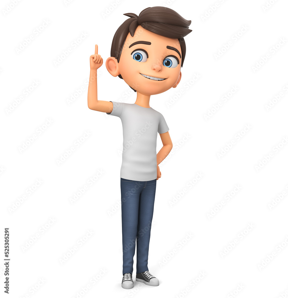 Cartoon boy character pointing his finger up. 3d rendering. Cartoon boy character pointing his finger up. 3d rendering.