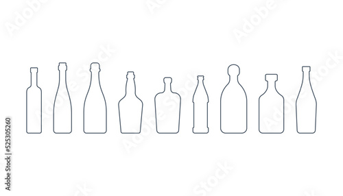 Vodka wine champagne whiskey liquor beer tequila rum vermouth bottle. Alcoholic drink. Simple black line shapes isolated. Black and white illustration on white background. Flat symbol