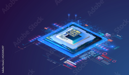Futuristic microchip processor with lights on the blue background. Quantum computer, large data processing, database concept. CPU isometric banner. Central Computer Processors  photo