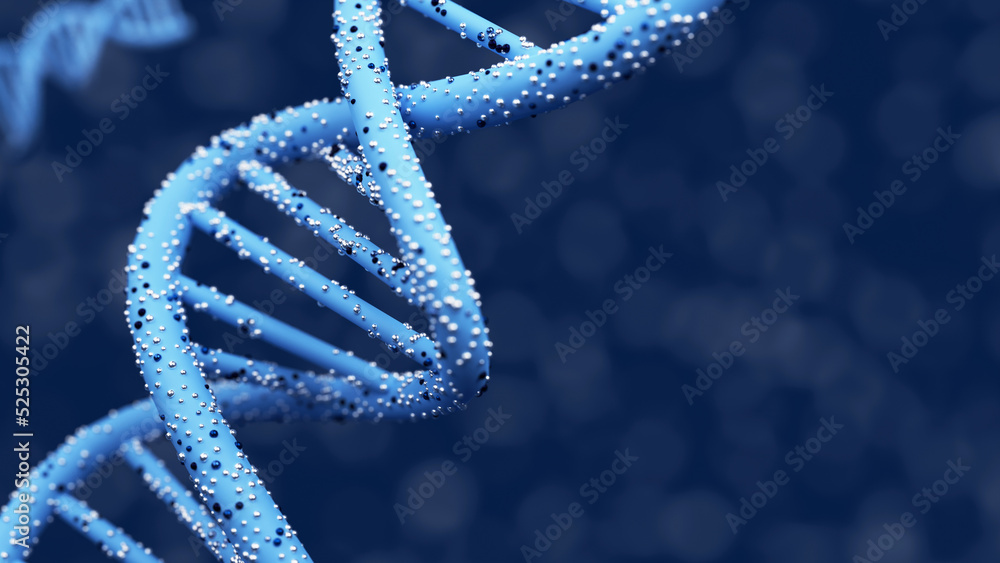 3D Render Of DNA Structure On Blue Bokeh Blurred Background.