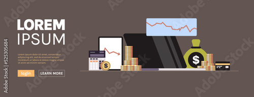 Falling diagrams graphs economic financial crisis stock market banking investment failure budget collapse and money bag, credit card, calculator, tablet, laptop with data concept horizontal.
