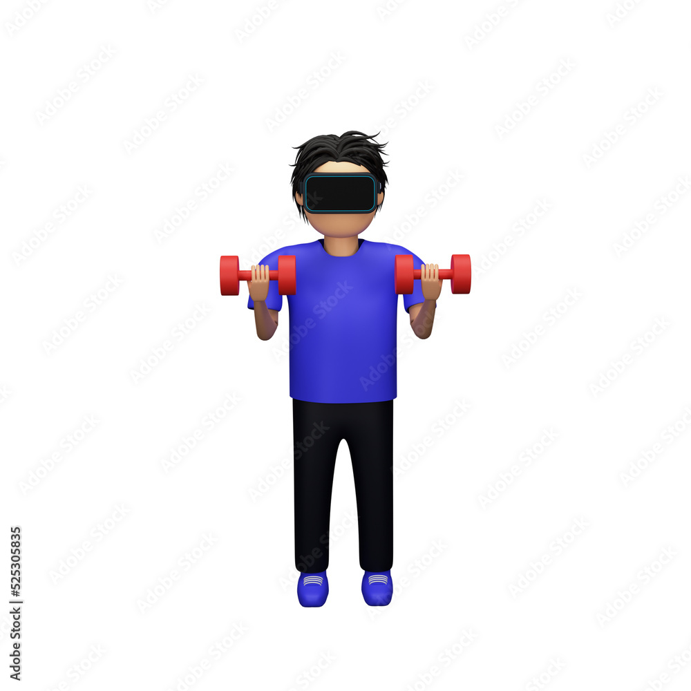 3D Rendering Of Young Man Wearing VR Box And Holded Dumbbells On White Background. 3D Rendering Of Young Man Wearing VR Box And Holded Dumbbells On White Background.