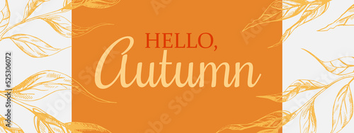 Long vertical banner design with orange leaves and text in the center. Autumn is coming. Seasonal sale. Hand drawn tree branches. Bright advertising layout. Foliage decorative drawing. Vintage sketch.