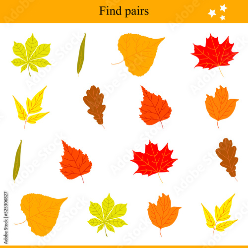 Find pairs for leaves. Children's educational game. Vector illustration