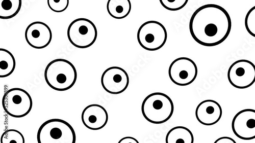 Eyeball circles black drawings everywhere spinning rotating, endless loop, horizontal screen background simple 2d animation
