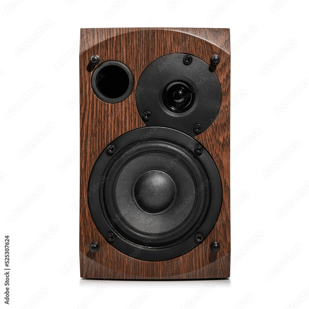 Music speakers on white background. Audio technica. Bookshelf speaker system for home entertainment. Music speakers on white background. Audio technica. Bookshelf speaker system for home entertainment.