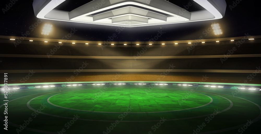 Football event, virtual studio background. Game concept stage backdrop,  Ideal for soccer news, live tv shows, or sport product commercials. A 3D  rendering template, suitable on green screen VR sets Stock-Illustration