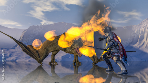Medieval knight fights a fire-breathing dragon in the background of snowy mountains on a reflective surface of a frozen lake. 3d rendering © merlin74