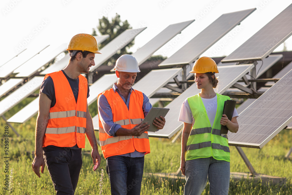 In a sunny day in front of the camera group of young ecological engineer and investors analysing the future plan of work at photovoltaic solar panels farm In a sunny day in front of the camera group of young ecological engineer and investors analysing the future plan of work at photovoltaic solar panels farm
