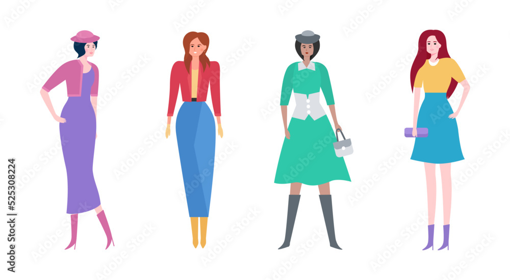 Cute multiracial girls in new autumn dresses. Vector flat illustration. The concept of autumn fashion and female beauty.
