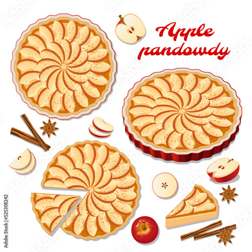An apple pie isolated drawing of on a white background, a piece of apple pie, red apples, cinnamon. Vector image. 