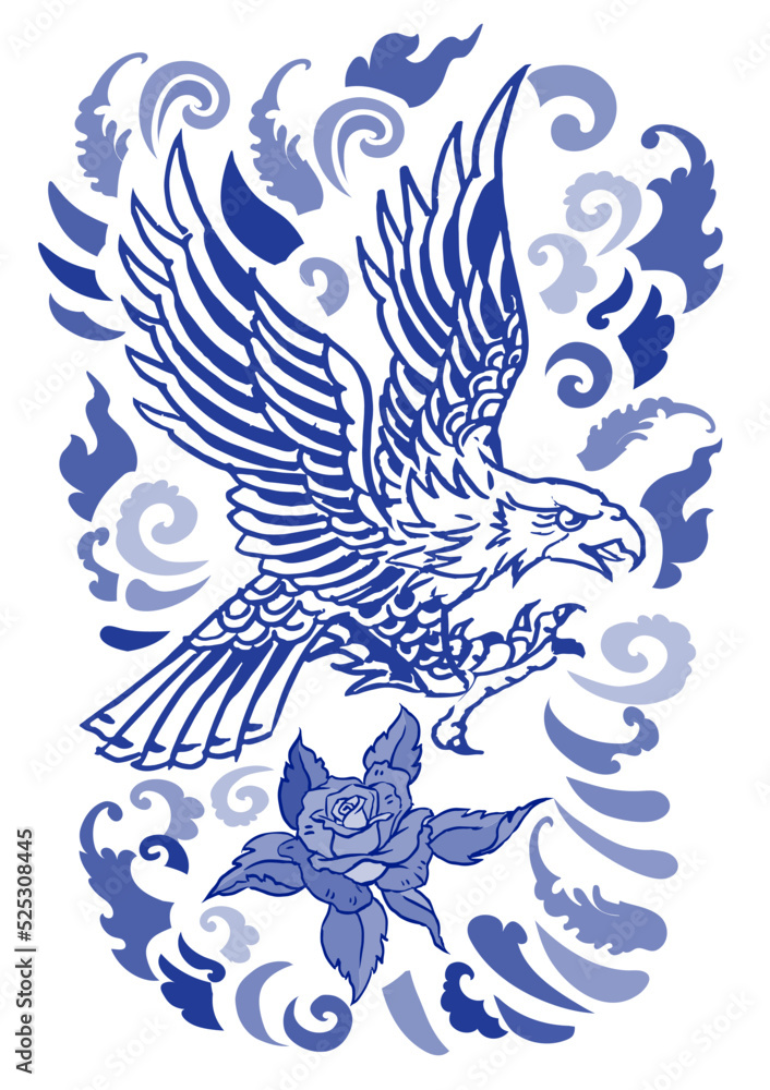 Naklejka premium Eagle rose tattoo, Beautiful color Japanese on water splash background