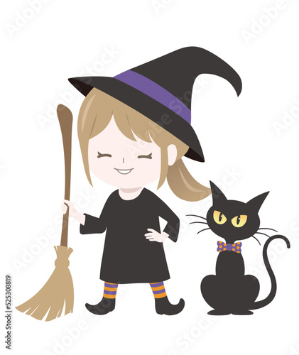 ハロウィンのキャラクター　かわいい魔女と黒猫のイラスト